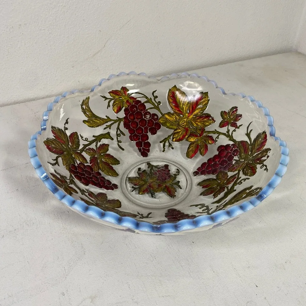 Vintage Dugan Goofus Painted Grape Glass Bowl Milk Glass Scalloped Edge 11